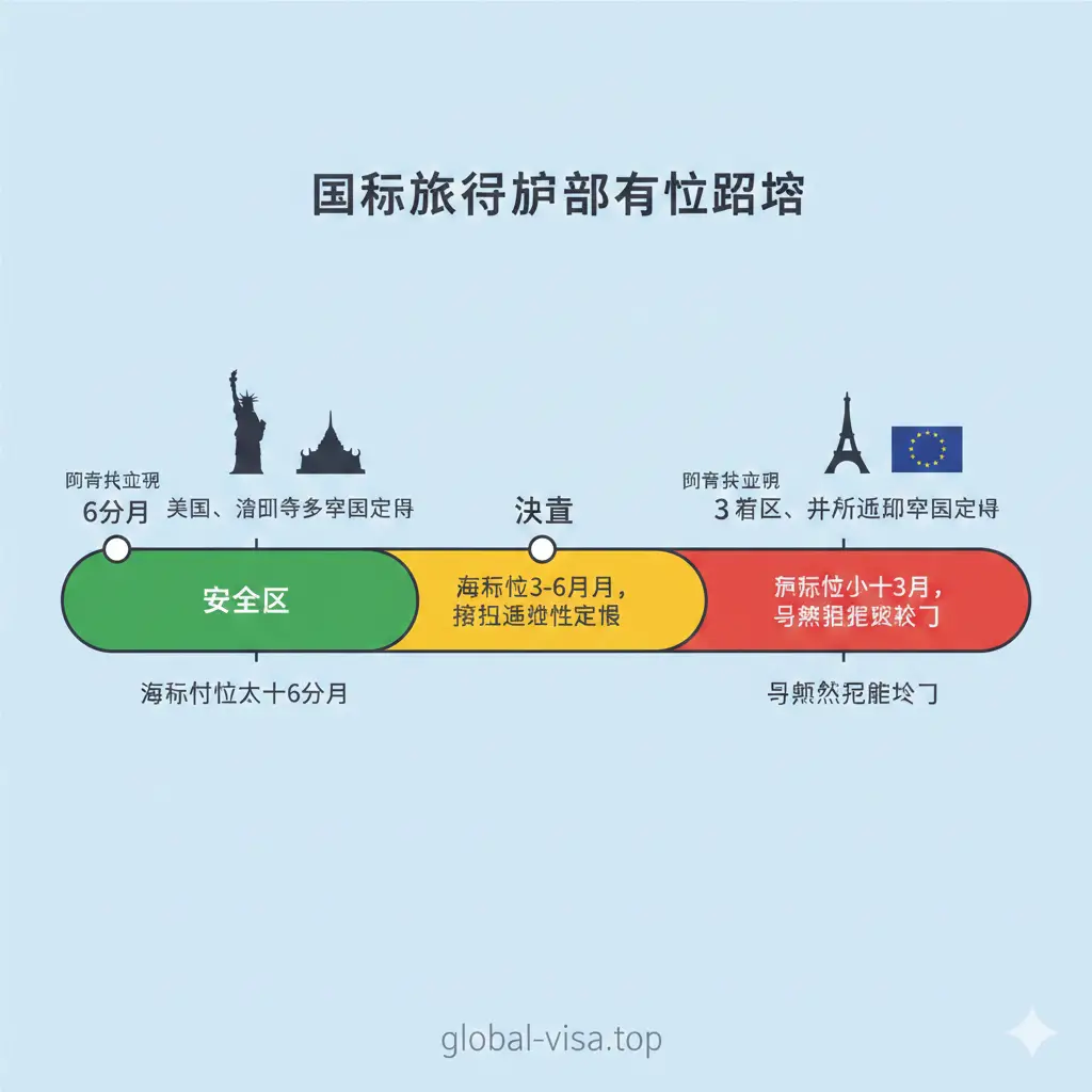一张清晰直观的信息图表风格图片,用于解释'6个月'与'3个月'有效期规则的区别。左侧展示美国自由女神像和泰国寺庙的图标,下方标注'需6个月有效期';右侧展示法国埃菲尔铁塔和欧盟标志,标注'需3个月有效期'。中间是一条带有刻度的时钟或时间轴,清晰划分出临界点。配色采用现代扁平化设计,使用蓝、绿、红三色区分安全区与风险区,帮助用户一眼看懂复杂的国际规定。
