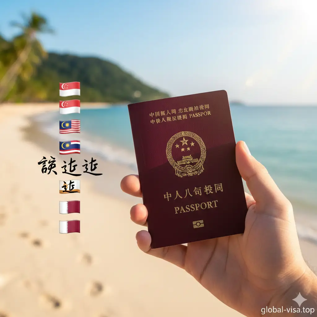 体现中国护照含金量优势的创意摄影。画面展现一只手握着中国护照,背景是阳光洒在海滩上的自然景观(如斐济或马尔代夫的蓝绿海水)。前景清晰,背景柔和虚化。画面一侧排列着新马泰、卡塔尔等国的小国旗图标,配合‘说走就走’的文字意象,色彩清新自然,传递出轻松、自由和便利的旅行感受。