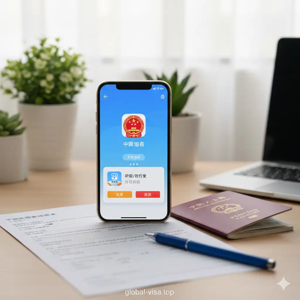 展示功能性的视觉图片。画面焦点是一部智能手机,屏幕上清晰显示着‘中国领事’APP的交互界面图标。手机旁边散落着护照、圆珠笔和整洁的申请表格,背景是明亮的家庭办公桌面。色彩明快,光线柔和,使用浅景深效果突出智能办理的便捷性,强调‘数字化、在线化’的中国护照换发服务特点。