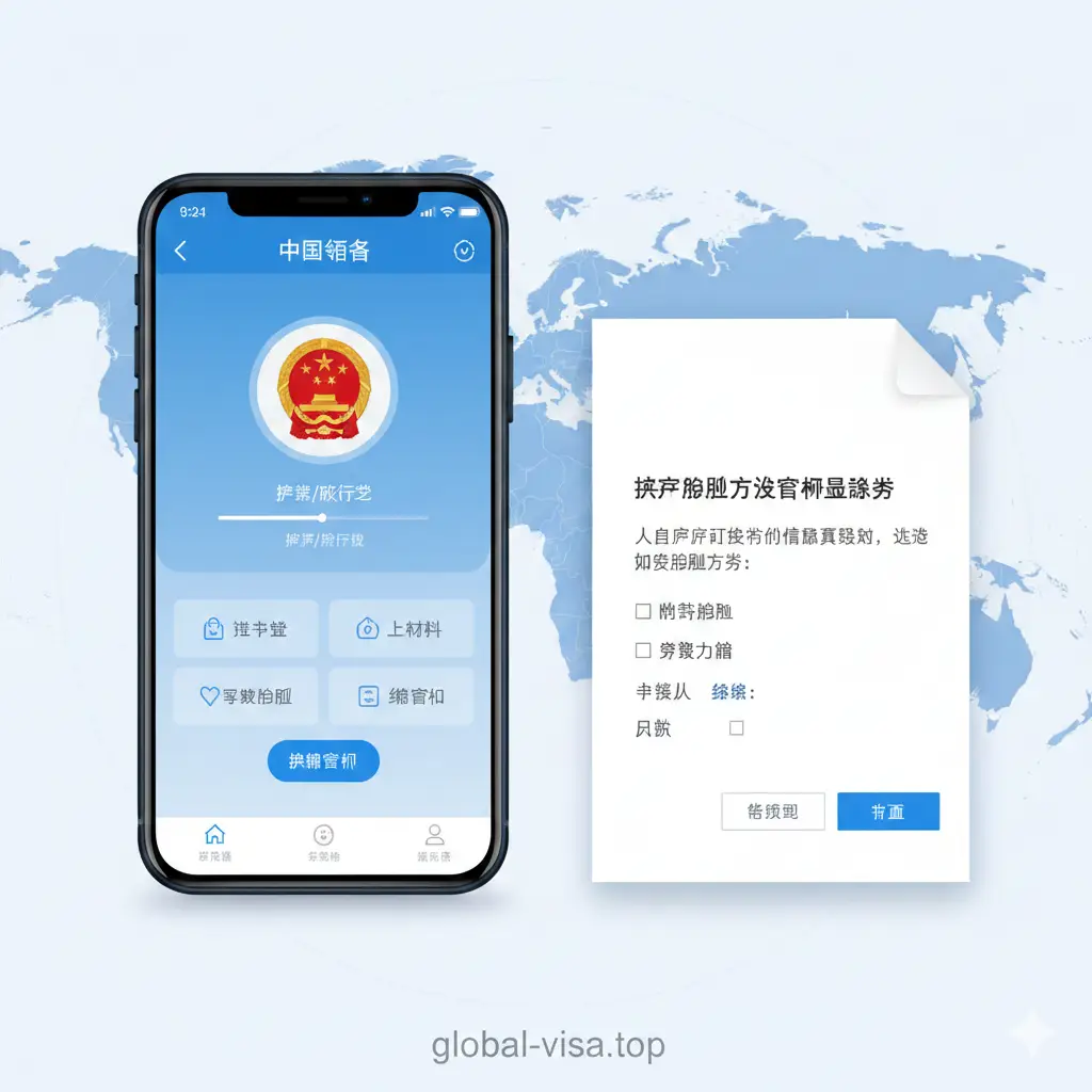 展示数字化办公与传统文件结合的功能场景。画面左侧是一部智能手机，屏幕上显示着‘中国领事’APP的办理进度界面，右侧则是同步出现的护照办理方式确认声明书。背景融入了全球地图的淡化虚影，象征海外公民服务。色彩以科技蓝和纯净白为主，采用左右对比构图，生动展示该声明书在数字化办证流程中承上启下的核心功能。