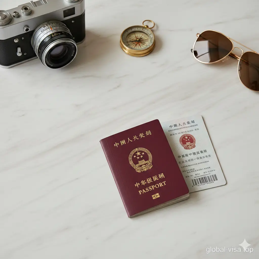 一张具有现代感且构图大气的封面图。画面中心是一本深红色的中国护照和一张清晰的二代身份证，放置在整洁的旅行地图或简洁的浅灰色大理石背景上。周围散落着指南针、复古相机和一副深色太阳镜，营造出高端旅行的氛围。色调温润、清晰度高，光影柔和，左侧留白适合添加‘申请护照需要提供的基本证件’文字标题。