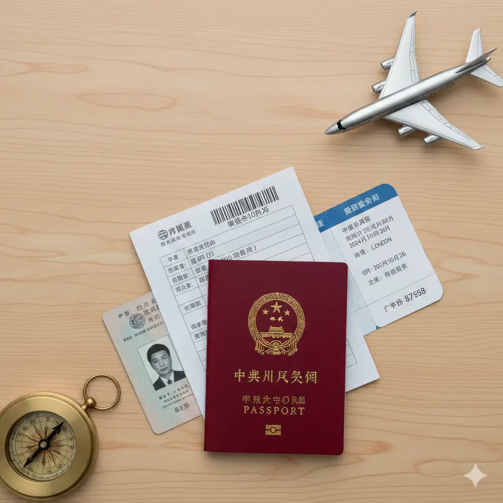 一张高质量、高亮度的封面图片,中心位置放置一本中国护照,周围散落着身份证、一张带条形码的照片回执和一张飞往国外的机票。背景是干净整洁的木质桌面,点缀着一架小型的飞机模型和罗盘。色调温暖且专业,构图采用俯视视角,画面上方留白,方便后期添加标题文字,整体呈现出准备出发旅行的期待感。