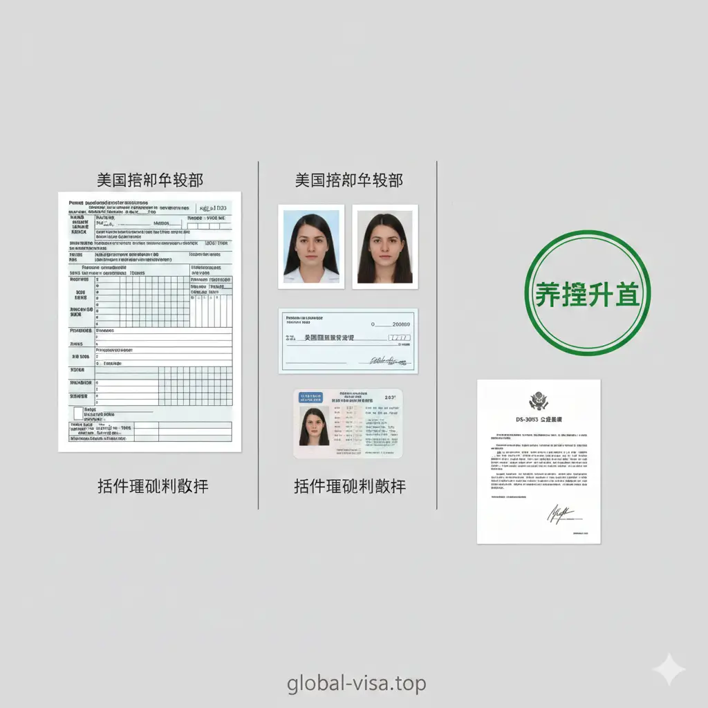 一张扁平化摄影风格（Flat lay）的总结清单图片，展示了成功提交申请所需的所有物品。画面整齐摆放着：填写完整的申请表、两张符合2x2英寸标准的白底证件照、一张用来支付费用的支票、以及一份身份证明文件的复印件。画面右下角有一个醒目的'DS-3053'公证文件作为补充元素。图片右侧打上了一个绿色的'Ready to Submit'（准备提交）的印章效果，寓意按照指南操作即可无忧通关，给用户以信心。