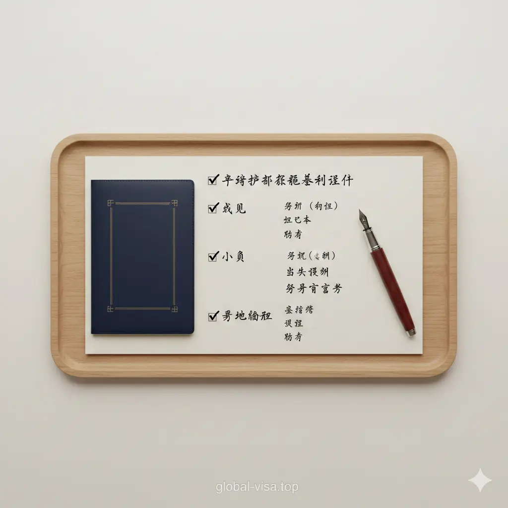 一张极简主义的总结图。背景为纯净的浅色调，画面中央是一个带有对勾的木质托盘或精美笔记本，上面列出了成人、儿童、异地办理所需的证件关键词。画面包含一支精致的钢笔和一本护照封皮。构图简洁，具有很强的仪式感，适合作为文章结尾的视觉总结，给读者留下‘办证简单、万事俱备’的心理暗示。