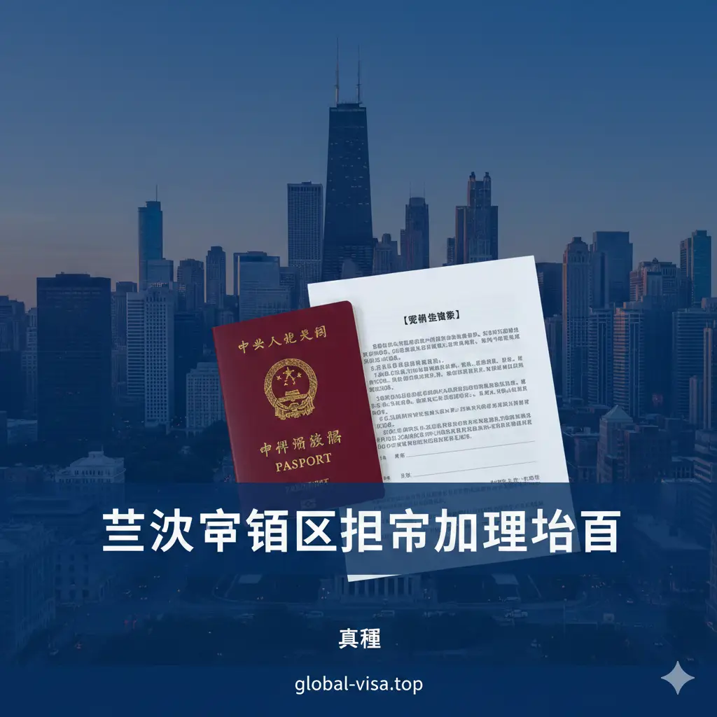 一张高质量的封面图片，背景为芝加哥地标建筑群天际线，半透明覆盖层上叠加中国护照封面和一份清晰的《确认声明书》文档。构图大气，色彩以稳重的领事蓝和护照红为主色调。画面中心印有醒目的中文字样‘芝加哥领区护照办理指南’，整体风格专业且具有官方权威感。