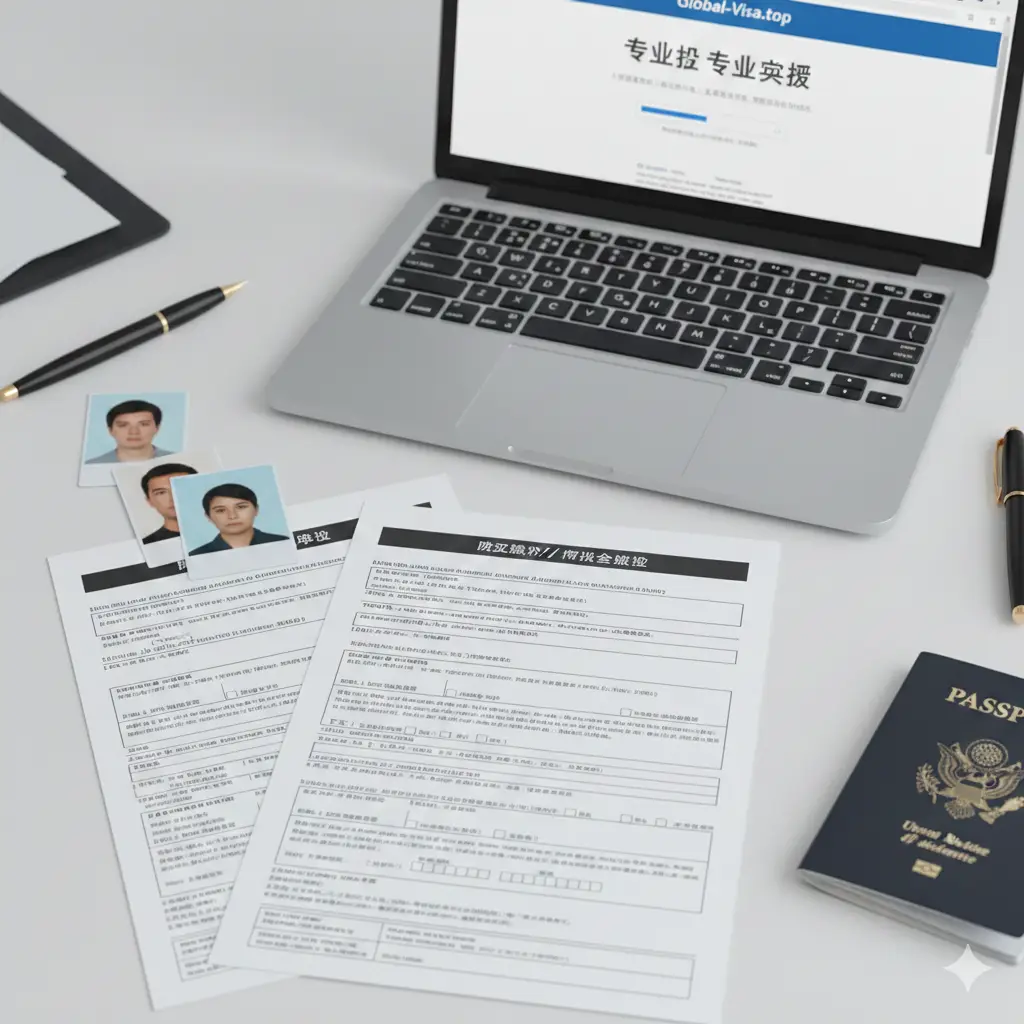 展示美国换护照核心功能的视觉图。画面聚焦在整齐排列的DS-82和DS-11表格上,上方叠放着符合规格的2x2英寸免冠白底照片。旁边有一台笔记本电脑,屏幕上清晰显示着‘Global-Visa.top 专业审核’的字样。色彩明快,对比度高,使用俯视微距镜头,强调材料准备的精确性和品牌在材料预审方面的功能特色。