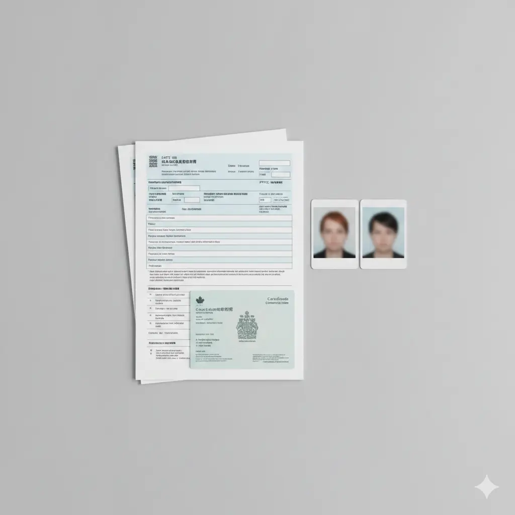 展示加拿大护照申请核心材料的细节特写图。画面包含整齐排列的 PPTC 153 申请表格、两张标准的 50mmx70mm 护照照片、以及一张象征身份的加拿大公民证。照片风格为现代极简风，色调以浅灰色和淡蓝色为主。构图上采用俯视视角（Flat Lay），光线均匀柔和，突显办证材料的严谨性与系统性，体现 global-visa.top 的细致服务特点。