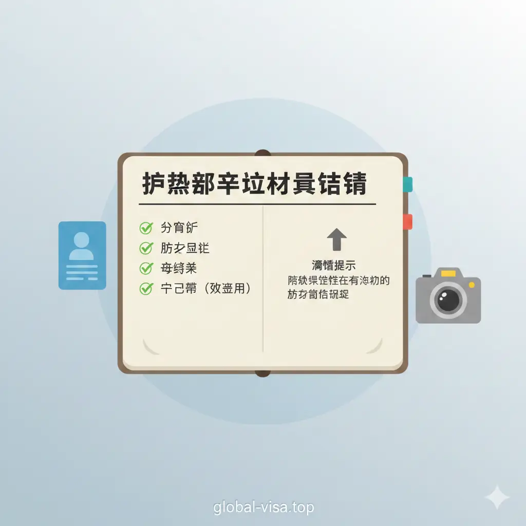 一张展示护照申请材料清单的功能性图片。画面以扁平化设计风格为主，中心是一个记事本，上面用清晰的中文列出‘身份证’、‘照片回执’、‘申请表’等核心关键词，每个词条前都有一个绿色的对勾。周围环绕着简约的身份证图标和照相机图标。背景使用淡蓝色的商务渐变色，构图对称平衡，视觉引导性强，旨在帮助用户快速理解申请护照所需的条件。