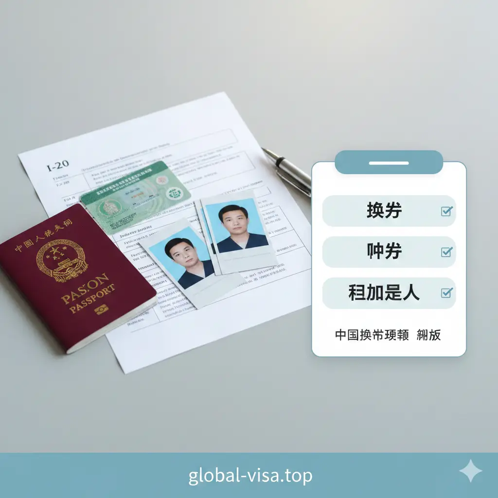 一张展示办证材料清单的功能性图片。画面采用干净的办公桌面风格，上面摆放着中国护照、美国绿卡、I-20表格、专业证件照以及一支质感钢笔。侧边以优雅的UI卡片形式列出‘换发、补发、未成年人’三个分类。色彩明亮，光线柔和，文字指引清晰，给用户整洁有序的视觉感受。