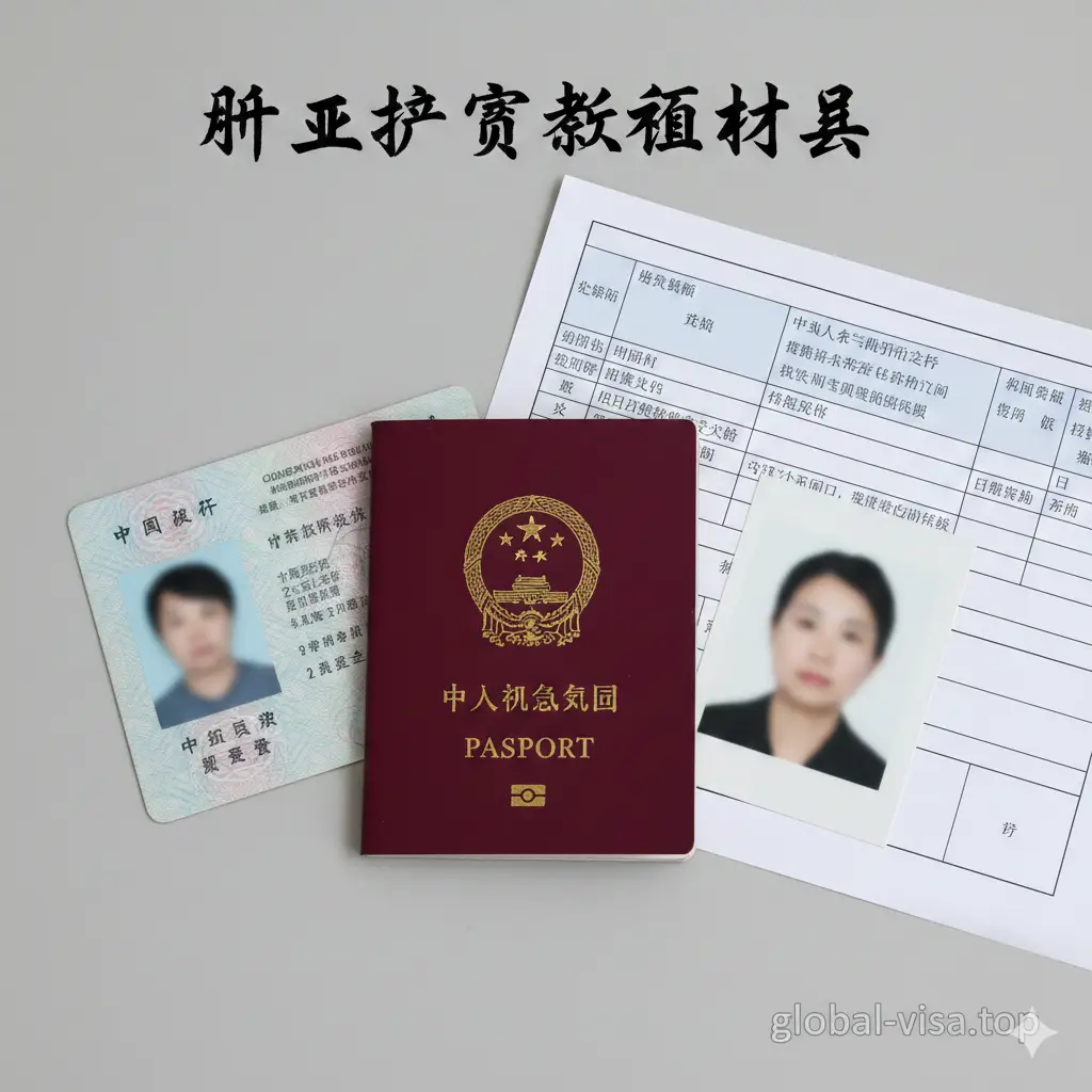 一张高质量且具有专业感的封面图。中心位置放置一本最新的中国护照，周围错落有致地摆放着居民身份证、干净的白底证件照以及一份出国旅行计划表。背景采用简约的浅灰色办公桌面，光影柔和。整体色调以护照的深红色和身份证的蓝粉色为主，构图采用俯视微距视角，展示出权威、正式且现代的视觉风格。