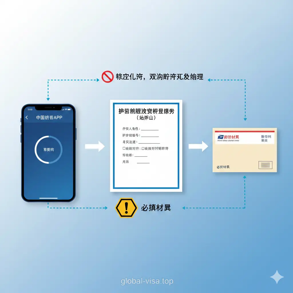 一张概念流程图，旨在解释该声明书在'中国领事APP'线上初审与线下邮寄之间的桥梁作用。左侧展示一部显示'复审中'状态的智能手机，右侧是一个贴有USPS标志的实体信封，中间通过这份'确认声明书'连接，并有一个醒目的警告图标提示'必填材料'。色彩使用科技蓝与警示黄的搭配，清晰传达出如果缺少此文件将无法完成双向邮寄办理的核心信息。