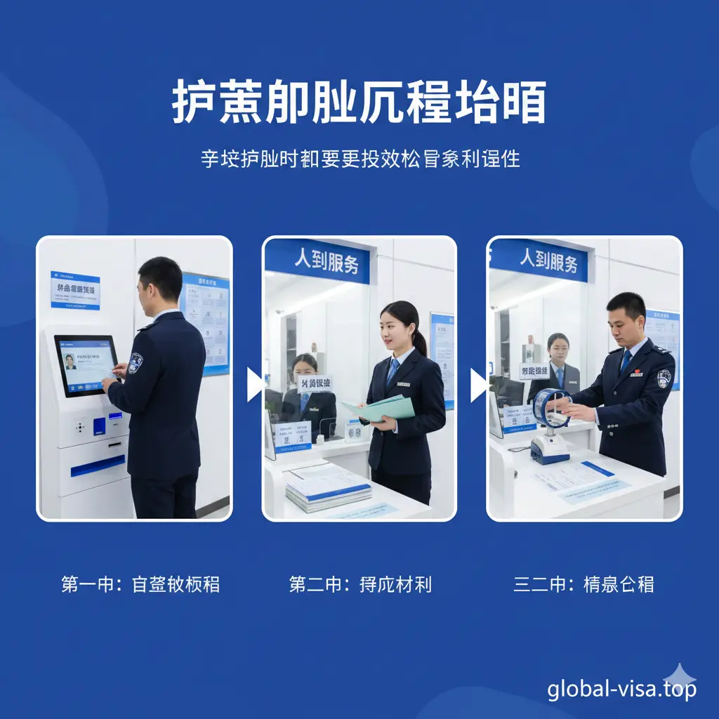 一个流线型的办理流程示意图。场景设定在光线明亮的现代化出入境办事大厅。画面展示了从自助机器刷身份证取号、到前往人工窗口递交材料、最后进行指纹采集的步骤。图中人物着装职业，引导员形象和蔼。构图采用从左至右的叙事感，色调清新，强调办理过程的便捷化与数字化特点。