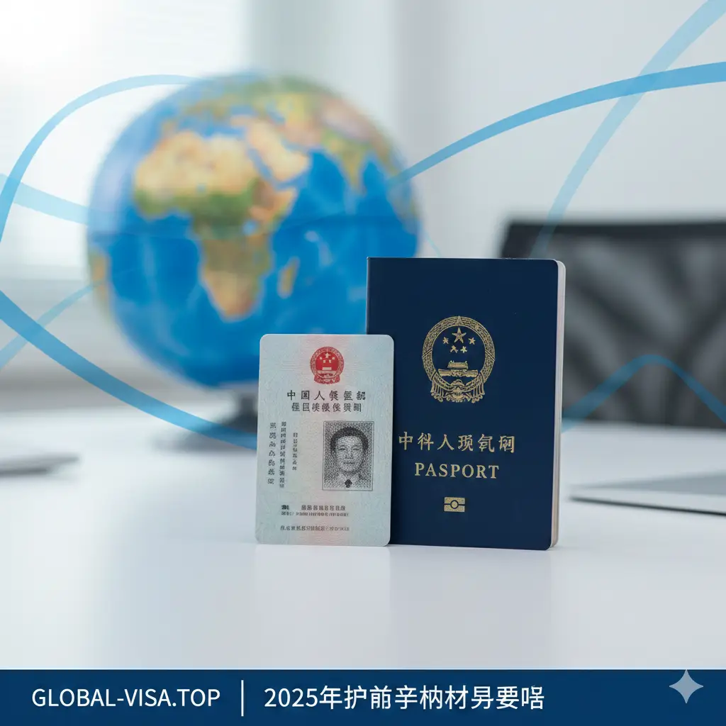 一张极具专业感的高清封面图,画面核心展示了一本中国普通护照和一张二代居民身份证,整齐地摆放在简约现代的办公桌面上。背景虚化处理,隐约可见世界地图或地球仪元素,象征国际旅行。整体色调采用global-visa.top标志性的深蓝与纯白搭配,光线柔和明亮,营造出权威、正规且充满希望的视觉氛围,完美契合2025年最新办证指南的主题。
