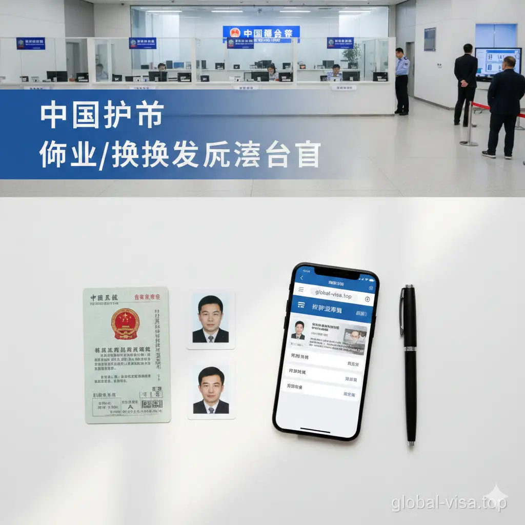 一张清晰整洁的办事指南示意图。画面中心是一个整齐的桌面，上面放着身份证、规范的护照相片、预约手机界面以及一支钢笔。背景是明亮、现代化的政务大厅办公窗口缩影，色调明亮自然。构图采用俯视视角，元素排列有序，传达出办理流程的高效、便捷与规范感。