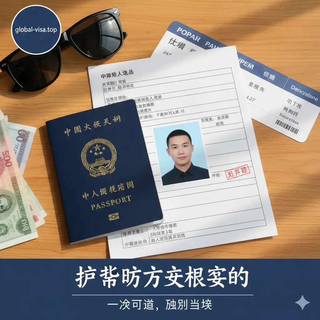 总结性图片。画面中心是一本精美的护照和一份带有合规照片的签证申请表,旁边放置一副墨镜和一张登机牌,背景是温暖的木质桌面和自然光影。画面传达出‘准备就绪,开启旅程’的轻松氛围。文字点缀‘一次通过,顺利出境’,色彩温馨饱和,构图采用俯视视角的静物摄影风格,为读者带来完美的心理收尾。