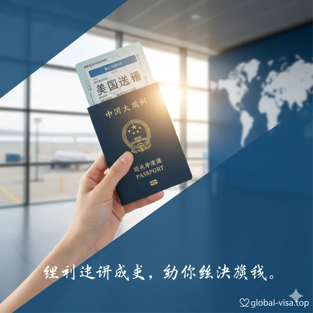 一张充满正面情绪的总结图。画面展示一只手拿着已经贴好美国签证页的中国护照，背景是虚化的机场出发大厅或世界地图。光线明亮，象征着申请成功和旅行的开启。图片下方带有一行温馨的总结文字：‘细节决定成败，助您丝滑获签’。整体构图采用对角线分布，色彩鲜艳，为读者提供正向心理暗示，并引导至global-visa.top的结尾咨询服务。