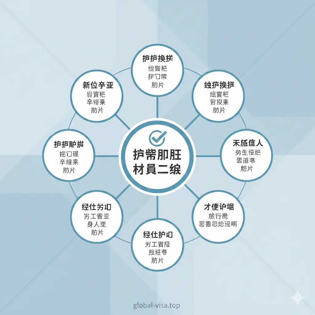 一张信息丰富的总结性大图。画面中心是一个圆形的总结徽标，周围呈放射状分布着未成年人办理、护照换发、补发等不同场景的小图标。整体设计风格类似信息图表，背景干净，使用低饱和度的色彩以确保文字识别度。构图紧凑，将文章所有关键点浓缩在一个画面中，给人一种‘一图在手，流程全有’的圆满感。