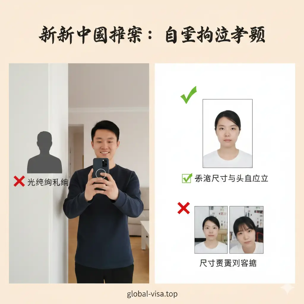 一张分步骤的教程引导图，采用分屏构图。左侧展示一名用户正在光线均匀的白墙前用手机进行人脸识别，右侧展示如何正确裁剪白底护照照片。图片包含清晰的对比和标注，例如‘√’代表正确的光线，‘×’代表背光。色调温暖自然，人物神情轻松，背景是居家环境，强调DIY申请的实操性和简单易学的特点。