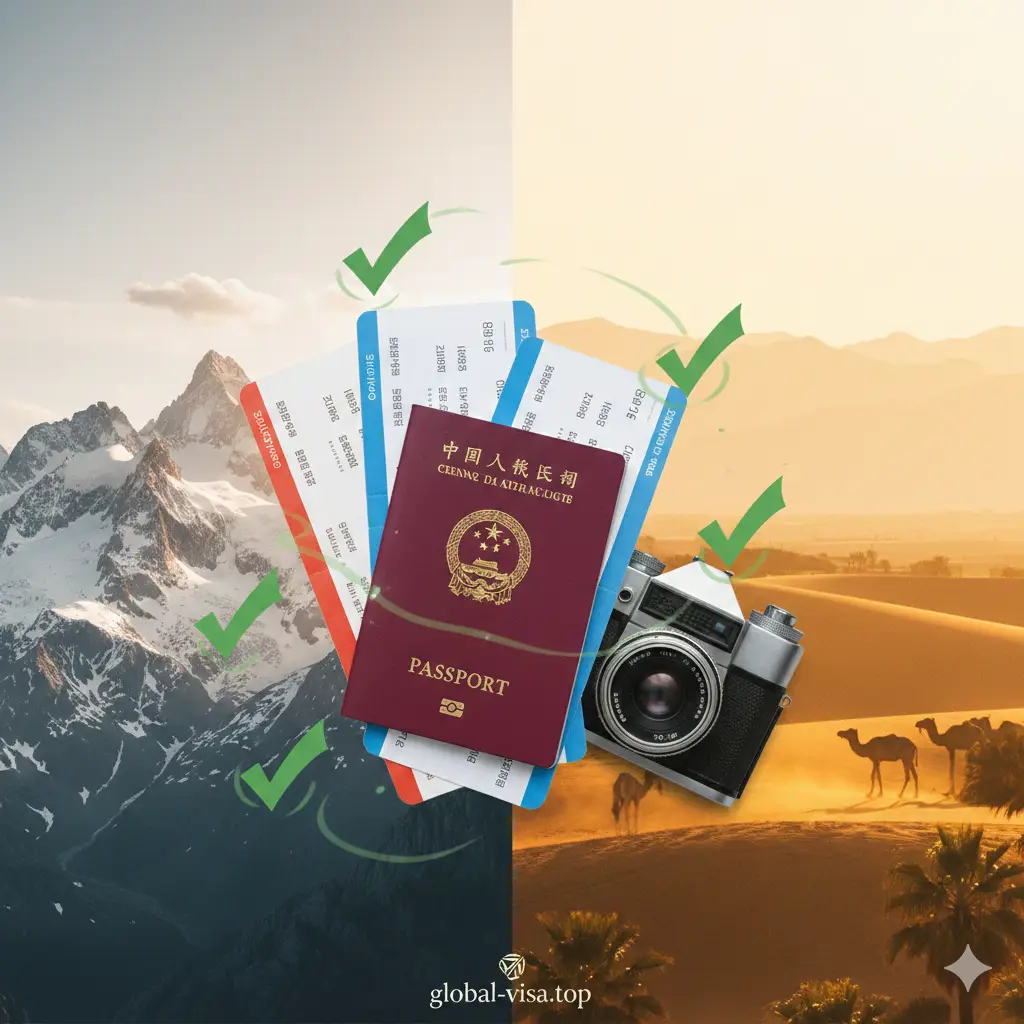 体现中国护照含金量提升的优势视觉图。画面中，一本中国护照被放置在堆叠的国际机票和旅行相机旁，周围环绕着象征‘丝滑入境’的绿色对勾图标。背景是欧洲巴尔干半岛的雪山和中东的沙漠美景，展现格鲁吉亚、塞尔维亚等国家的异域风情。整体风格优雅且高雅，使用温暖的阳光滤镜，传达出持有中国护照在2025年享受全球旅行自由的优越感。