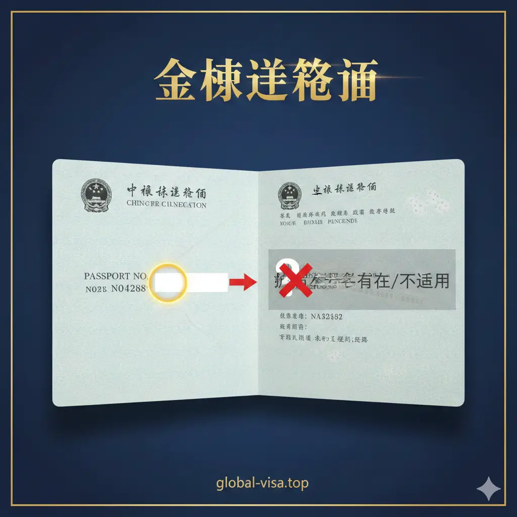 一张聚焦核心问题的封面图。画面主体为一本展开的中国电子护照信息页,护照号码(Passport No.)用高亮或醒目的箭头/光圈标识出来。在旁边或下方,用半透明的红色醒目覆盖一个问号或“X”符号,并配上“Passport Book Number”字样,强调“没有/不适用”的核心结论。