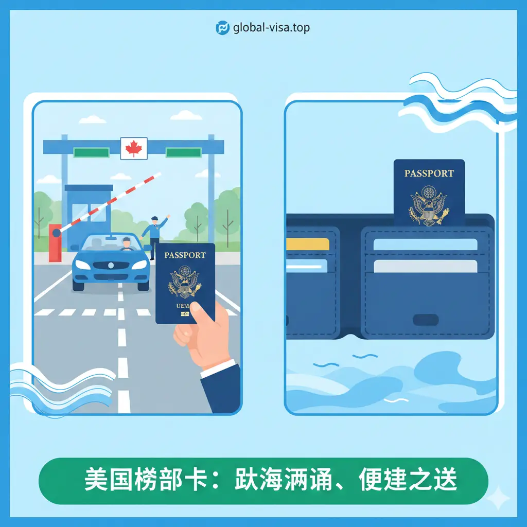 展示美国护照卡功能的插画或实景图。画面分为左右两部分：左侧显示一辆汽车正在通过美加或美墨边境的陆路检查站，司机手中拿着护照卡；右侧显示一个钱包，护照卡整齐地插在信用卡位中。背景点缀一些波浪线代表海路游轮旅行，使用明亮的蓝色和绿色调，直观传达其陆路与海路通行的核心功能。