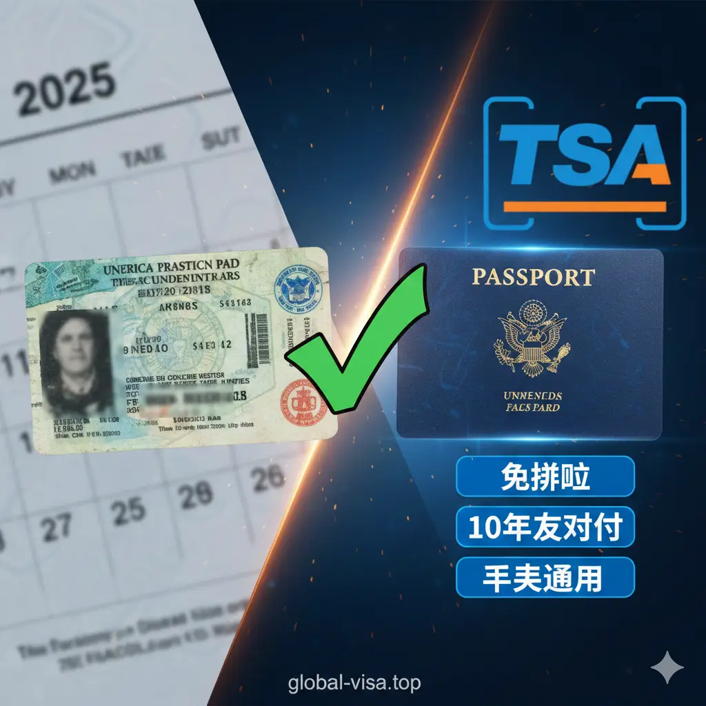 视觉化展示护照卡作为Real ID替代方案的优势。左边是一个旧款驾照，右边是一张闪闪发光的美国护照卡，中间有一个醒目的‘Check’勾选标志。背景融合了2025年日历和机场安检TSA的抽象标志。色彩使用科技感的蓝色和橙色对比，突出护照卡‘免排队、10年有效期、联邦通用’的核心竞争优势。