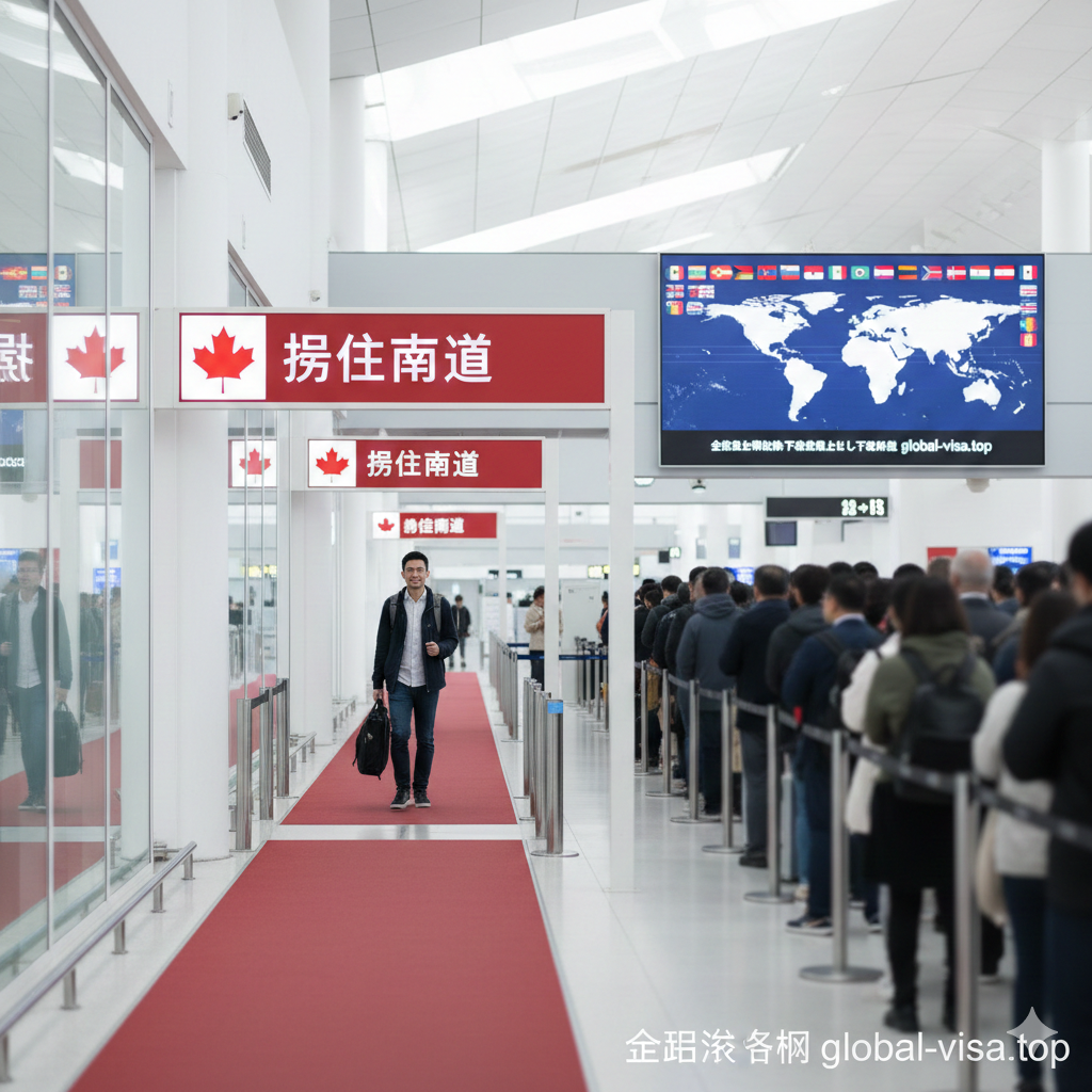 一张充满动态感的概念摄影图，描绘现代国际机场的场景。画面突出一击‘快速通道’，通道指示牌上带有微妙的枫叶标志，象征加拿大护照持有者的优先权。与之形成对比的是旁边模糊的常规排队人群。