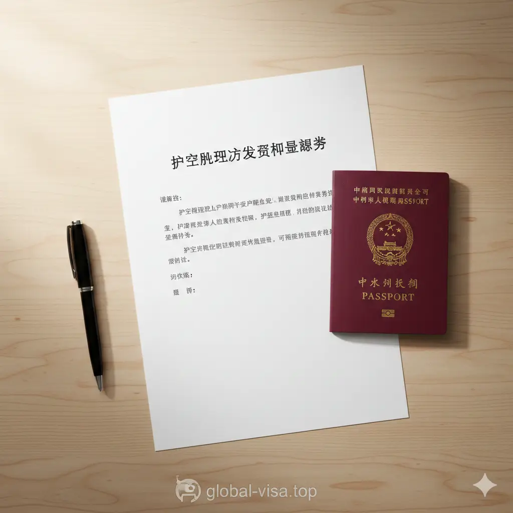 一张高质量且具有官方权威感的封面图。画面中央是一份整洁的《护照办理方式确认声明书》纸质文件，旁边摆放着一本深红色的中国护照和一支精致的黑色签字笔。背景采用淡雅的办公桌面纹理，光线柔和，整体色调以暖白色和护照红为主。构图采用俯视角度，通过景深效果突出声明书标题，营造出专业、可信赖的办证氛围，符合global-visa.top的品牌调性。