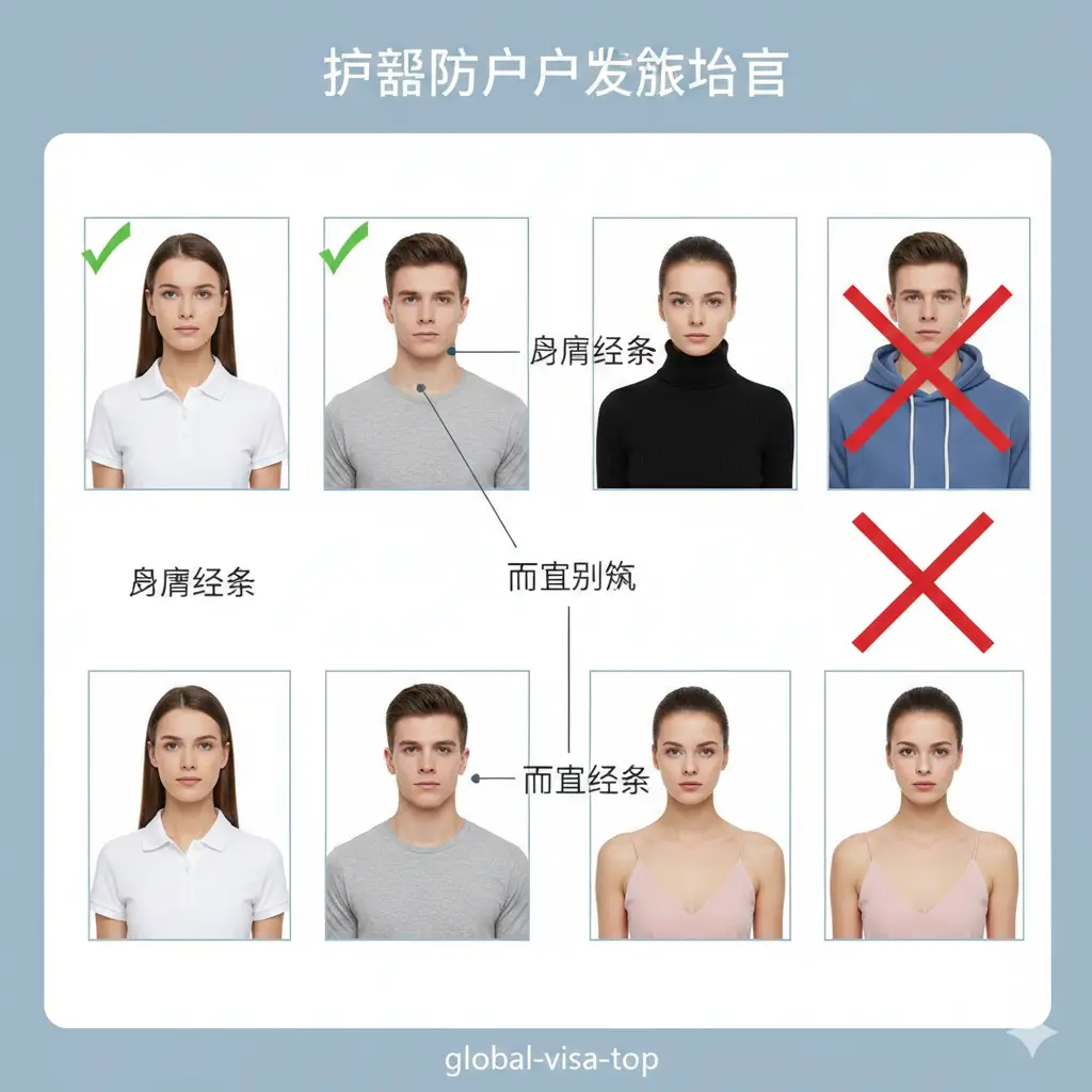 一张保姆级教程示意图,展示正确与错误的领口选择。画面包含多个小方格:展示Polo衫领、圆领的正面标准视角,以及被划掉的高领、连帽衫、吊带装示例。人物模特表情自然,平视镜头。图片使用标注线指出‘肩膀线条’和‘面部轮廓’的清晰度,色彩柔和,构图平衡,像是一本直观的视觉说明书。