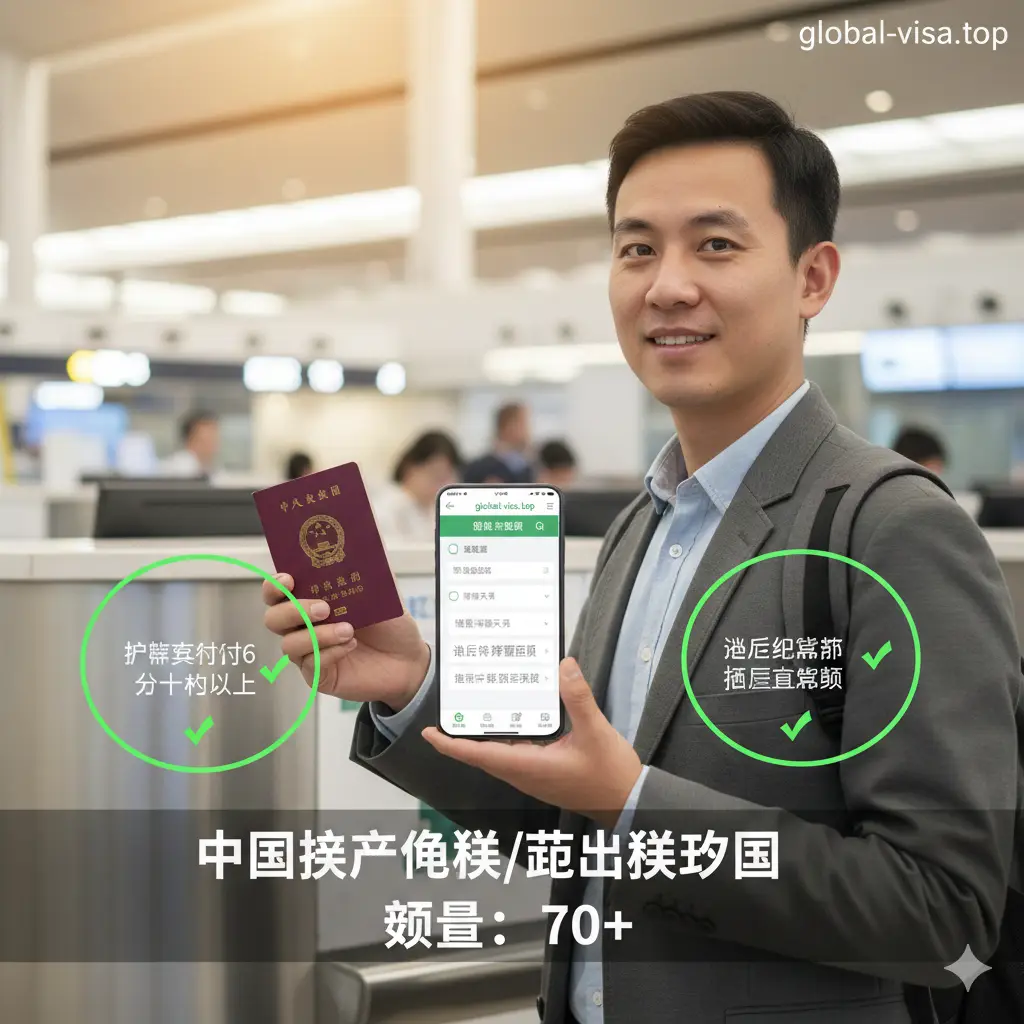 一张充满教学指导感的过程图。画面展示一名旅行者在机场柜台前，一手拿着中国护照，另一手操作智能手机显示global-visa.top的筛选器界面。画面中加入三个圆圈标注：护照有效期、往返机票、酒店订单，配合明亮的绿色勾选图标。整体光线柔和，色调温暖，传达出按照指南操作即可轻松入境的信任感。