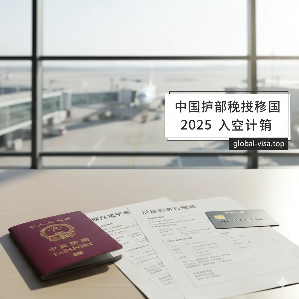 一张模拟出境入境教程的实拍感图片。画面展示一个整洁的旅行桌面，上面放着中国护照、一张打印清晰的英文酒店预订单、往返机票行程单和一张带有芯片的信用卡。背景是模糊的机场航站楼登机口，阳光透过大落地窗洒在桌面上。图片采用俯拍角度（Flat Lay），强调“入境清单”的概念，色彩自然、通透，传递出准备充分、丝滑通关的安全感。