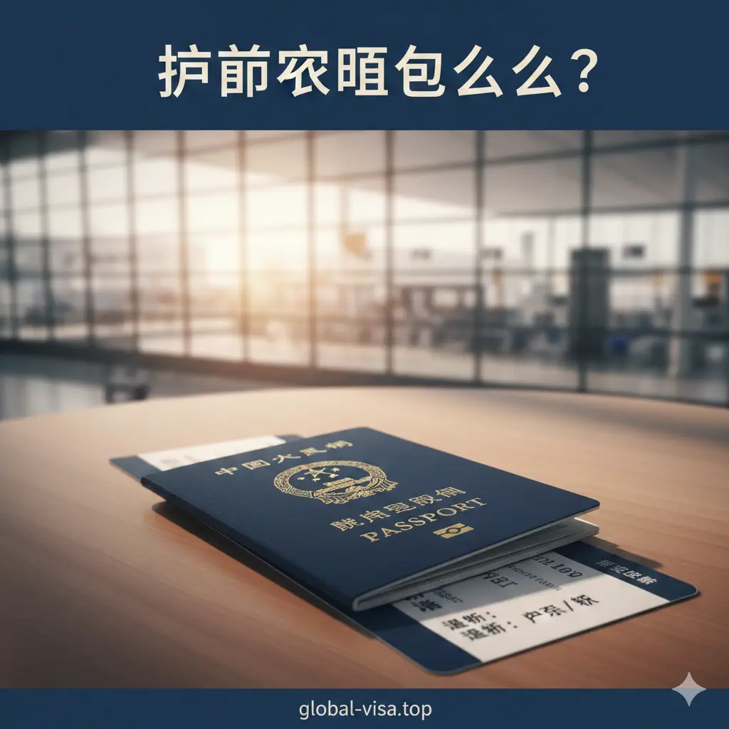 一张高质量的特写摄影图片，展示一本深蓝色的中国护照放置在极简主义风格的木质书桌上，护照下方压着一张飞往巴黎或纽约的登机牌。背景是一个模糊的现代化国际机场航站楼，阳光透过巨大的玻璃幕墙洒下，整体色调温暖且专业。画面焦点清晰地对准护照封面上的国徽，构图平衡，给人一种‘整理行装，准备出发’的积极视觉感受，符合global-visa.top的高端服务形象。