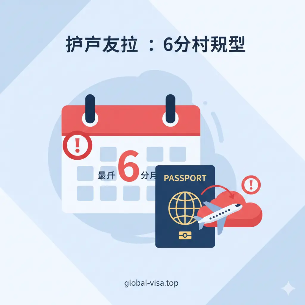 一张展示‘6个月有效期规则’的视觉化功能图。画面中心是一个带有红色警示标记的日历，日历翻到护照过期前的最后半年。旁边是一个护照和一架起飞受阻的小飞机模型，伴有红色感叹号元素。整体风格采用扁平化商务风，色彩对比鲜明，利用红蓝对比提醒用户关注关键时间节点。