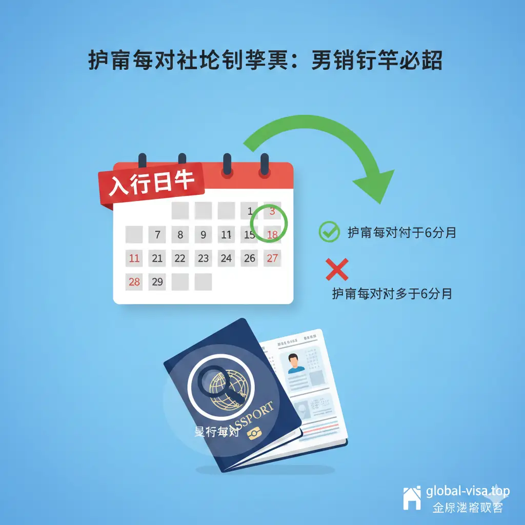 教程类图解说明。画面采用扁平化设计风格，展示一份日历和一本护照。日历上清晰地标出‘入境日期’，并用一个大弧形箭头指向6个月后的日期，配以绿色的打钩符号和红色的交叉符号。背景简洁，使用淡雅的科技蓝色调。构图清晰直观，帮助用户理解如何正确计算护照剩余有效期，元素包含放大镜聚焦在日期字段。