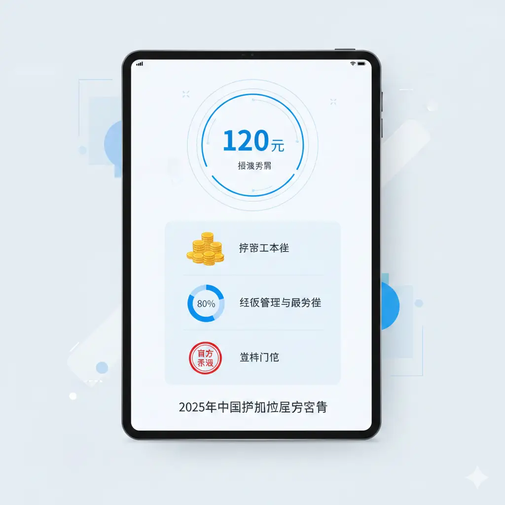 一张清晰直观的费用明细展示图。采用现代简约的数据可视化风格,以浅蓝色和白色为底色。画面中出现一个精美的平板电脑,屏幕上显示着120元人民币照的图标以及护照办理费用的分层说明。元素包括硬币、百分比图表以及代表‘官方标准’的公章图形。整体构图平衡,色彩清新,旨在让用户一眼看清2025年的收费构成。