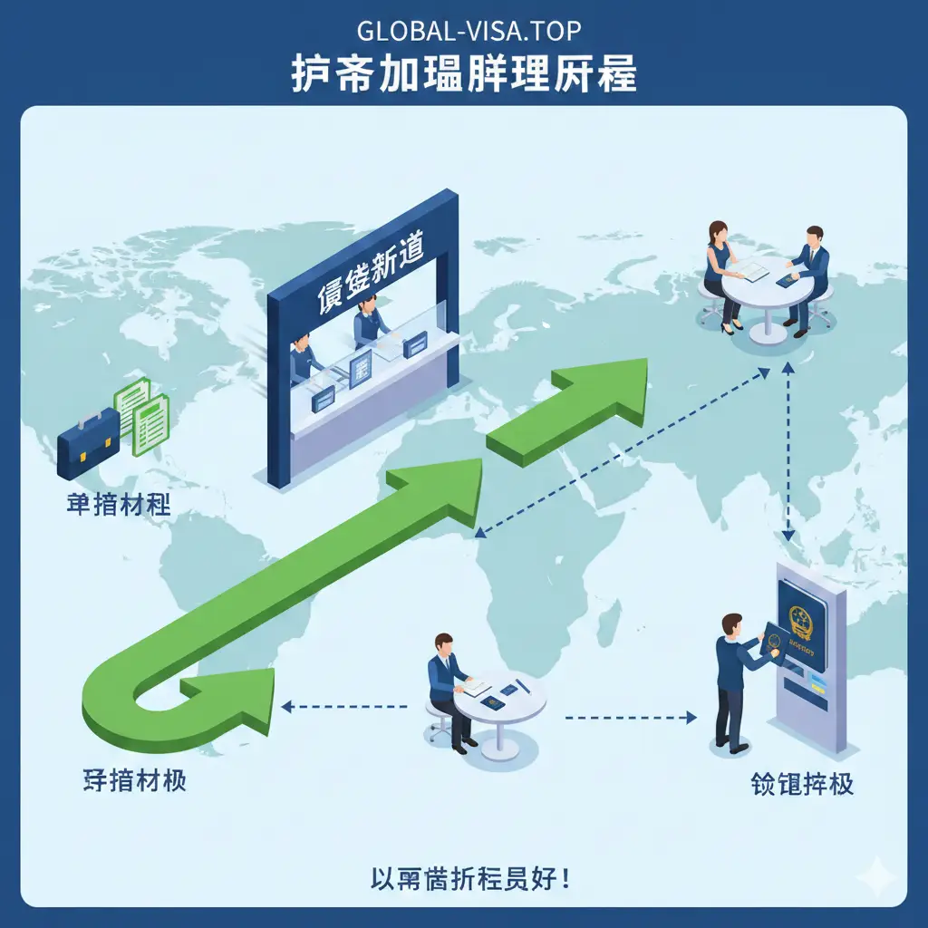 一张2.5D等距视角的流程示意图，展示护照加急办理的全过程。路径从‘准备材料’开始，经过一个醒目的标有‘绿色通道’字样的出入境办事窗口，接着是‘面谈审核’场景，最后是‘领取护照’。箭头指引清晰流畅，使用充满希望的绿色作为主导色，配合代表官方的深蓝色，直观地展示出比普通流程更快捷的路径。