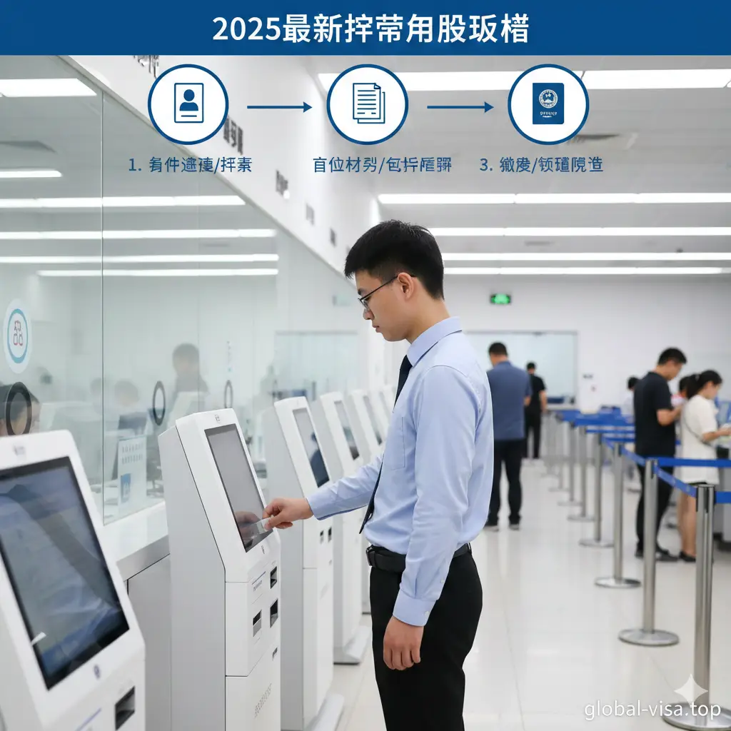 一张展示出入境办事大厅实景或模拟流程的教程图。画面展示一位衣着得体的申请人正在自助填表机前刷身份证，或者在人工窗口递交材料的场景。构图采用侧拍或俯拍视角，强调流程的便捷性。色彩明亮、环境整洁，画面上方可以带有简单的步骤指示图标，生动诠释‘2025最新护照办理流程’。