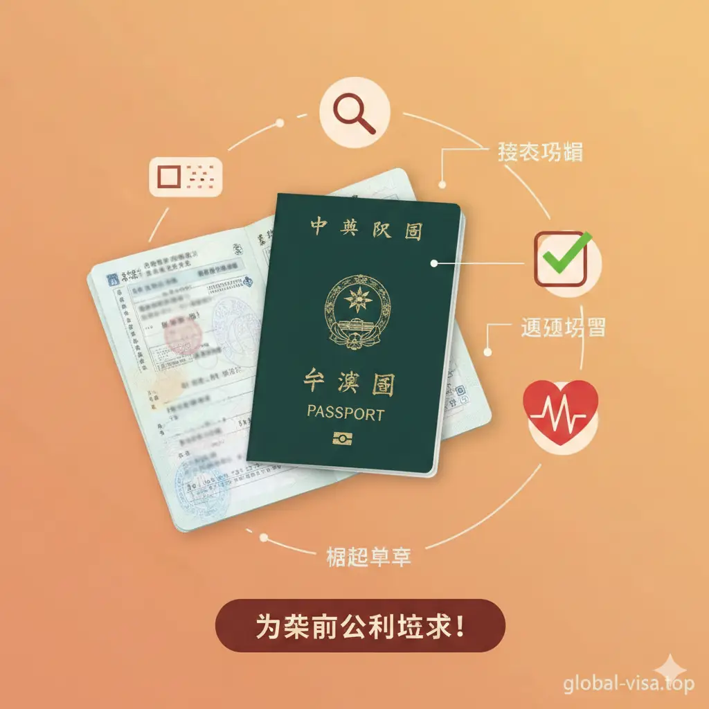 文章总结性的视觉图，主题为‘护照健康体检’。画面中心是一本台湾护照，周围环绕着象征‘检查’的图标，如搜索框、复选框和心形医疗符号，提示用户检查内页是否有污损、涂鸦或空白页不足。色调温暖且具有提醒性，采用极简主义矢量设计风格，构图平衡。底部含有一个明显的行动号召视觉元素，暗示读者在出发前进行最后核对，确保旅行万无一失。