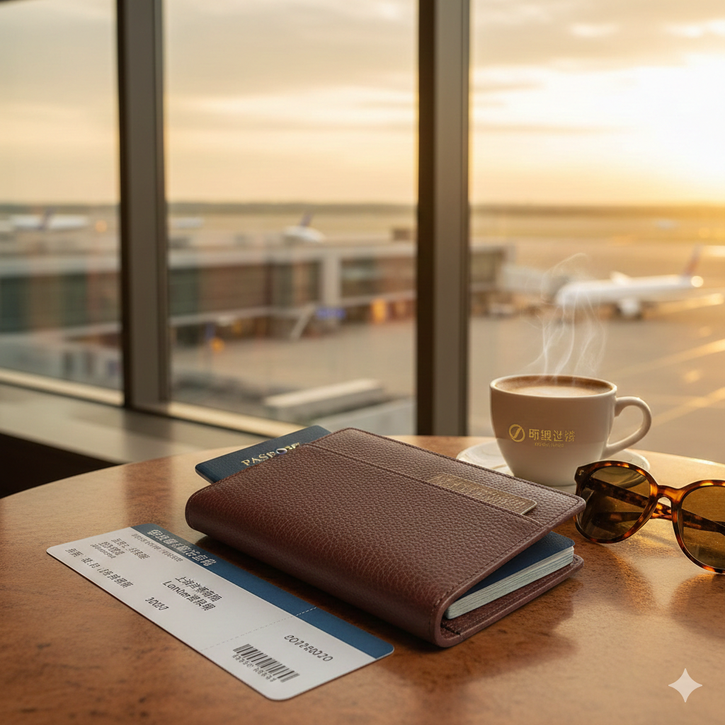 一张极具质感的高清摄影图，展示一个高档真皮护照包放置在机场贵宾室的木质桌面上。护照包旁边摆放着一张登机牌、一副墨镜和一杯刚做好的咖啡。背景是透过落地窗模糊可见的停机坪和飞机，光线采用温暖的日落金光，营造出高端、商务且充满期待的旅行氛围，构图聚焦于护照包的质感与细节。