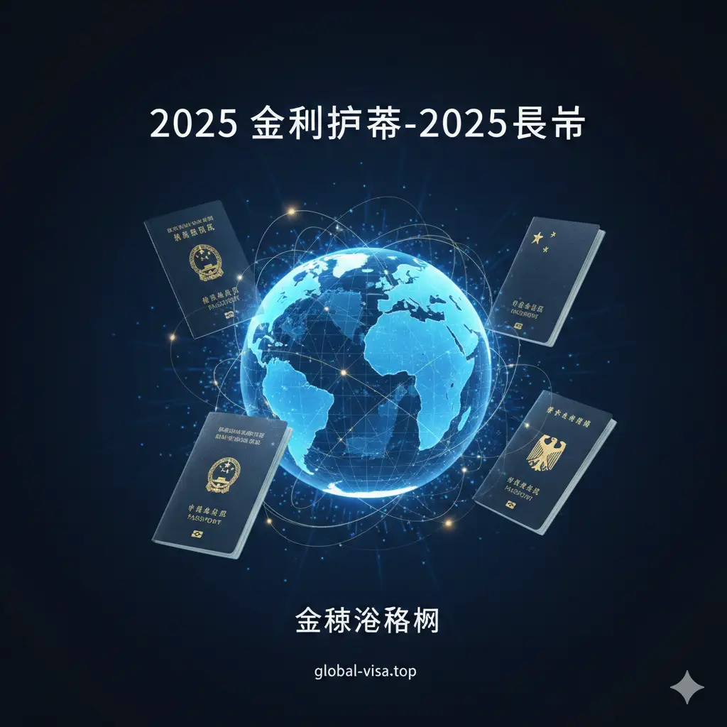 一张极具现代感和科技感的封面图。画面中心是一个发光的3D地球模型，周围环绕着多本半透明浮空的各国护照（如新加坡、德国、中国护照等）。背景采用深蓝色调，点缀着代表全球航线的金色线条和光点。整体风格专业且大气，带有‘Global Mobility’的视觉暗示，构图采用中心对称，光影层次丰富，展现出全球互联的高端质感。