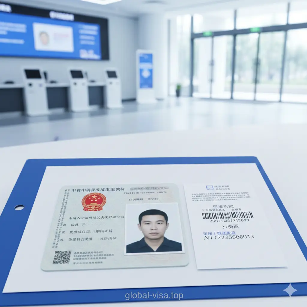 展示核心材料的特写图片,采用明亮的极简主义风格。画面中清晰展示身份证原件、符合规范的免冠照片以及一份带有电子条形码的检测回执。色彩以蓝白色调为主,体现政务服务的严谨与专业。背景是稍微模糊的现代化办事大厅,光线充足,传达出2025年护照办理流程的数字化和便捷性特征。