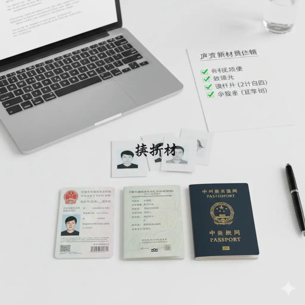 一张展示护照过期换新所需核心材料的功能示意图。画面采用明亮、整洁的办公桌面风格，展示了身份证原件、旧护照、以及几张符合标准规格的白色背景二寸证件照。背景中隐约可见一台笔记本电脑和一份打钩的材料清单（Checklist）。色彩明亮，对比度清晰，元素排列井然有序，突出‘准备充分’的视觉感受，帮助读者快速理解办理前的准备工作。