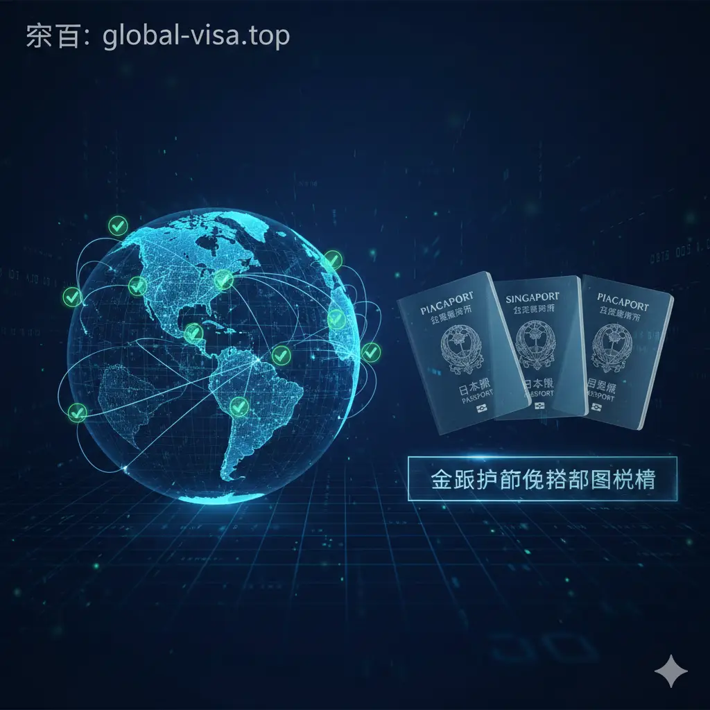 展示全球流动性功能的创意图。画面呈现一个全息投影的地球仪，不同国家上方浮动着绿色的免签勾选标志和航线图。地球仪旁边悬浮着新加坡、日本和德国的护照模型，背景是充满科技感的数字网格。色彩以深沉的科技蓝为主，点缀亮绿色和亮白色，体现护照含金量带来的便捷通行功能。
