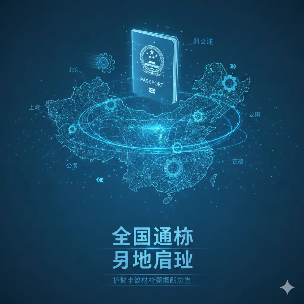 一张具象化的概念图,用于表现“全国通办”和“异地办理”的政策优势。画面中使用数字化风格的中国地图轮廓,通过流畅的线条连接不同城市节点,象征地域限制的打破。一本护照图标悬浮在地图上方,周围环绕着“高效”、“便捷”的抽象符号。色调以科技蓝为主,体现政策的先进性和对流动人口的便利性。