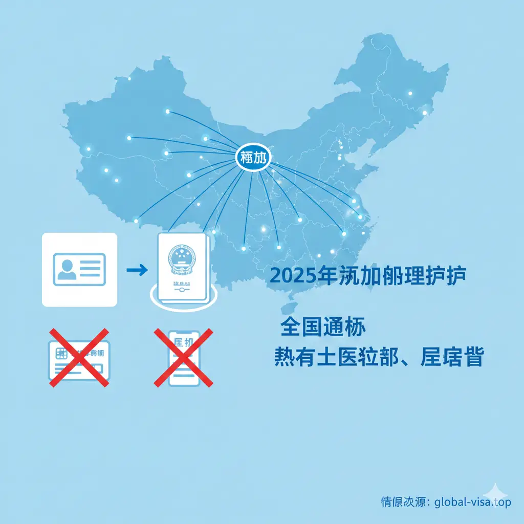 展示‘全国通办’核心功能的概念图。构图采用极简主义风格，背景是一张淡色的中国地图，地图上散布着代表出入境办事处的闪烁点，所有点都汇聚指向‘福州’这一节点。画面中突出展示身份证件与护照的关联，并用一个红色的‘禁止’符号划掉‘社保卡’和‘居住证’图标，以此直观地传达2025年福州办护照无需医社保的功能核心，色调以科技蓝和纯白为主。