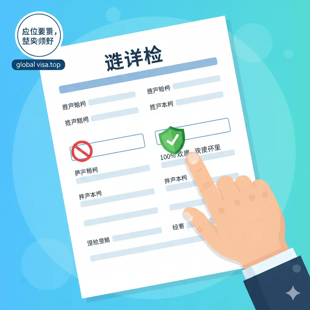 优势图,用于强调遵循指南避免错误的益处。画面主体是一个正在填写的签证申请表,表格中,“Passport Book Number”字段上有一个醒目的红色“X”或禁止符号。旁边则是一个绿色的盾牌或“100% Accuracy”的徽章。