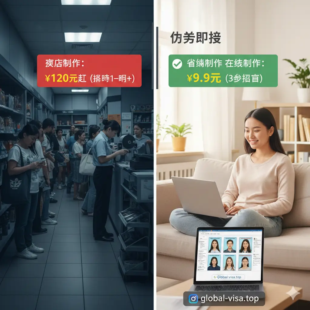 对比优势图。左侧暗色调显示在药店（Walgreens/CVS）排长队的疲惫场景，标有高昂的价格标签$16.99；右侧暖色调展示用户坐在家中沙发上使用电脑，轻松获得4R排版图，标有极低的价格和‘3秒搞定’字样。通过强烈的视觉反差突出Global Visa平台的省钱、省时优势。