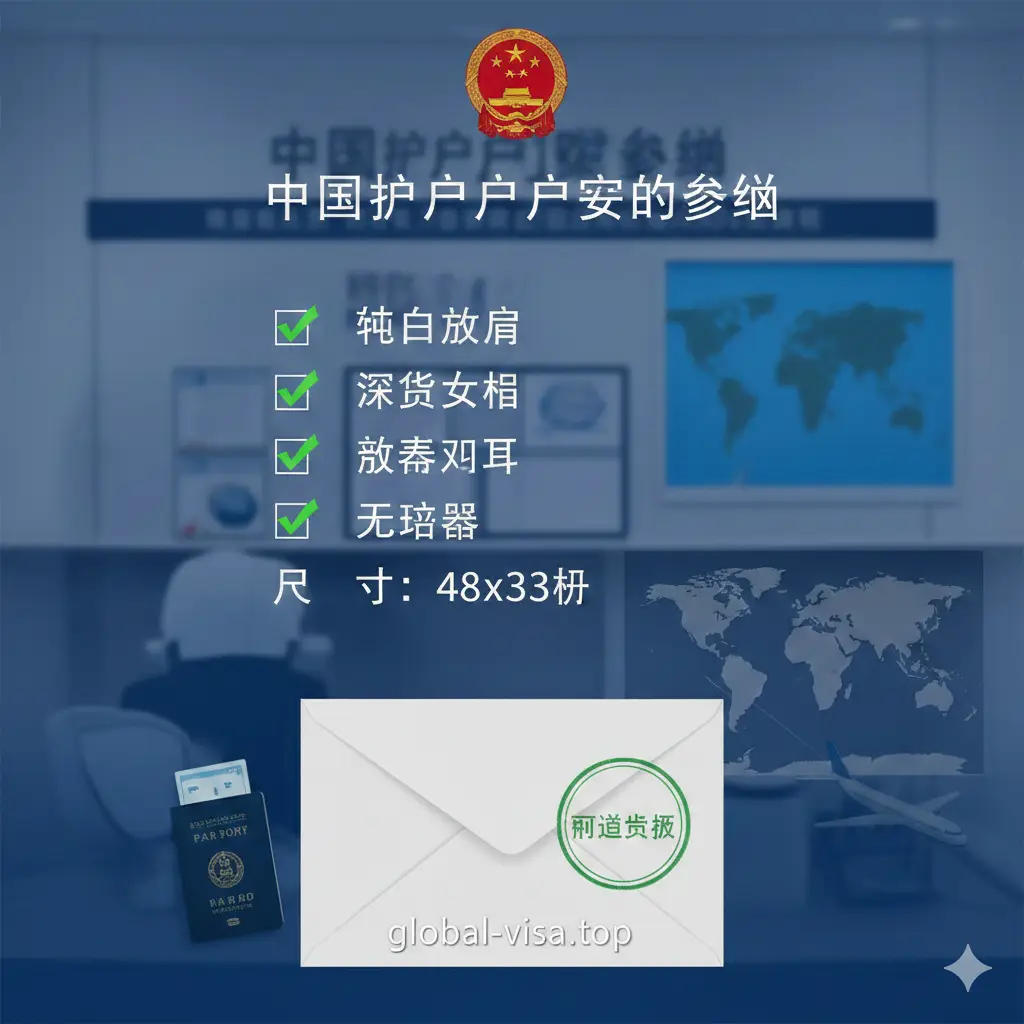 总结性视觉图片。画面是一个精美的清单核对表，列出了中国护照照片的核心要求：纯白背景、深色衣服、露出双耳、无眼镜、尺寸48x33mm。背景是一个模糊的领事馆办事窗口或国际旅行场景。画面中心是一个盖有‘通过审核’绿色印章的信封，传达出一种让用户安心、稳妥完成申请的最终视觉印象。