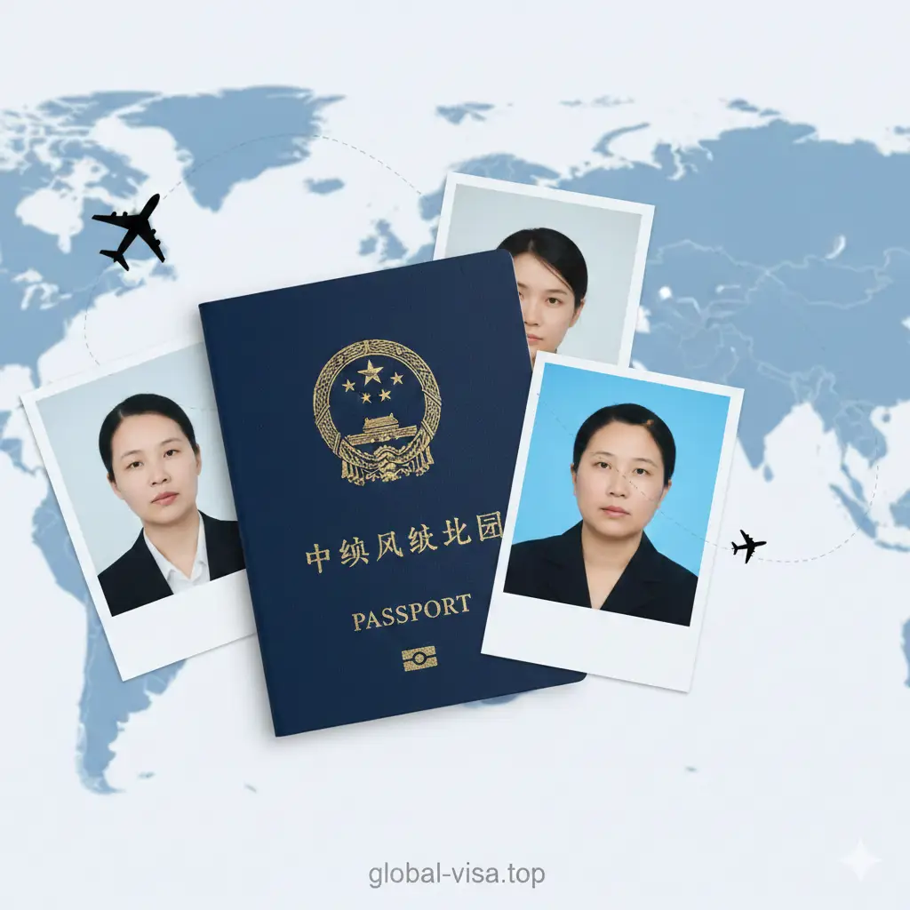一张具有现代感且高端的封面图片。画面中心展示一本深蓝色的中国护照和一张白底的专业证件照，周围散落着几张不同规格（如2x2英寸美签规格）的免冠照片。背景是模糊的全球地图和飞机的剪影，暗示旅行主题。整体色调以干净的白色和商务蓝为主，光影明亮，构图采用俯视微距视角，体现专业签证服务的高质感。