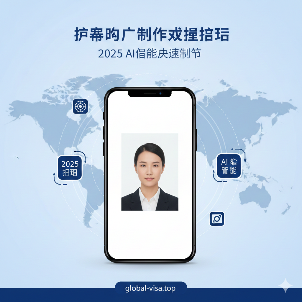 一张现代且专业的封面图，展示一部智能手机屏幕上清晰显示的合规电子版护照照片，背景采用淡蓝色的世界地图虚化纹理，象征全球旅行与签证申请。画面中融入‘2025 Guide’和‘AI Smart’的科技元素图标，色彩以Global-Visa品牌的深蓝色和洁白色为主调，光线明亮柔和，传达出高效、权威且轻松解决证件照难题的视觉感受，适合作为网站文章的首图。